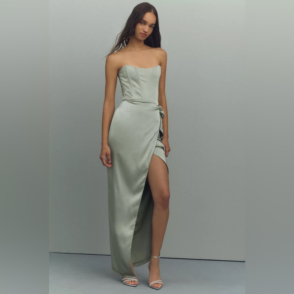 V. Chapman June Corset Jacquard Front-Slit Gown in Sage Green